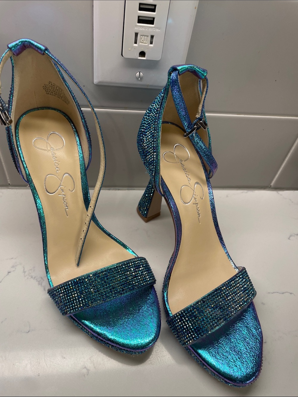 Jessica Simpson Iridescent Teal Blue Crystal Strap Heels